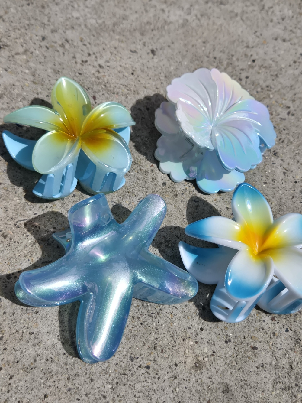 Iridescent Blue Starfish & Plumeria Hair Clips - Set of 4